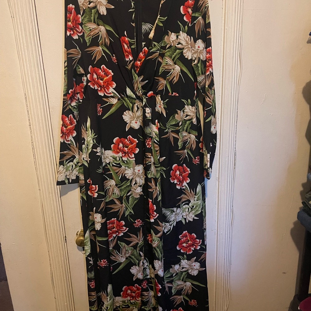 Black Floral Maxi Dress with Red & White Blooms